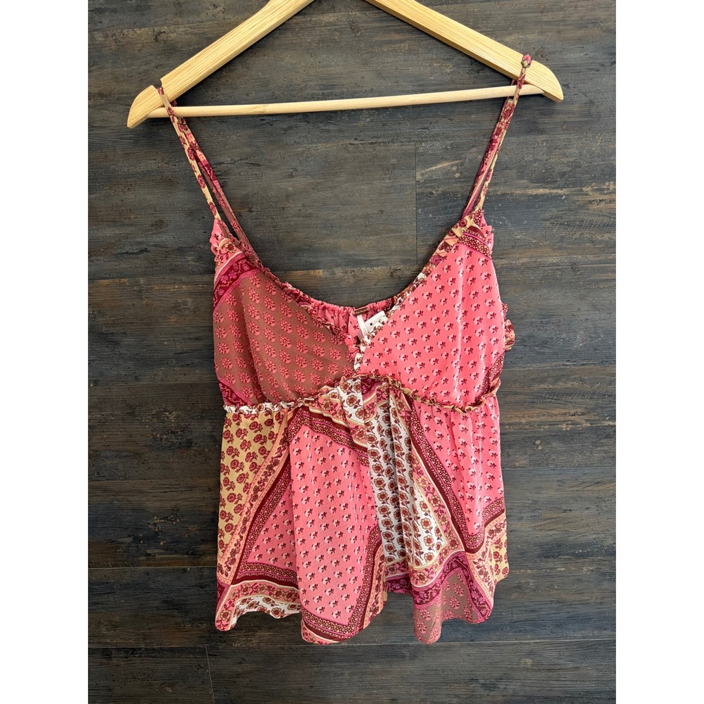 Free People Pink Patchwork Floral Paisley Ruffle Camisole Top XL OB2228948